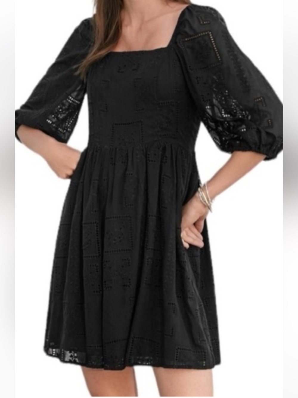 Johnny Was Jade Black Eyelet Square-Neck Midi Dress with Puff Sleeves